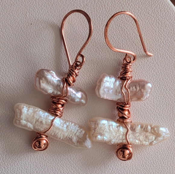 Biwa Pearl Earrings Artisan Copper Wrap Lightweight Coastal Style - Picture 8 of 14